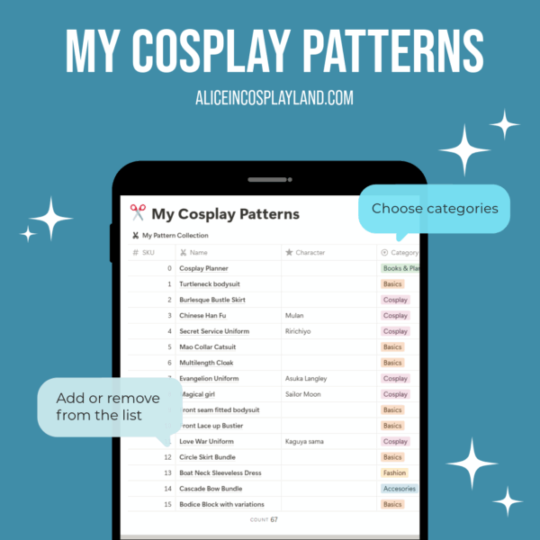 My cosplay patterns Notion Template